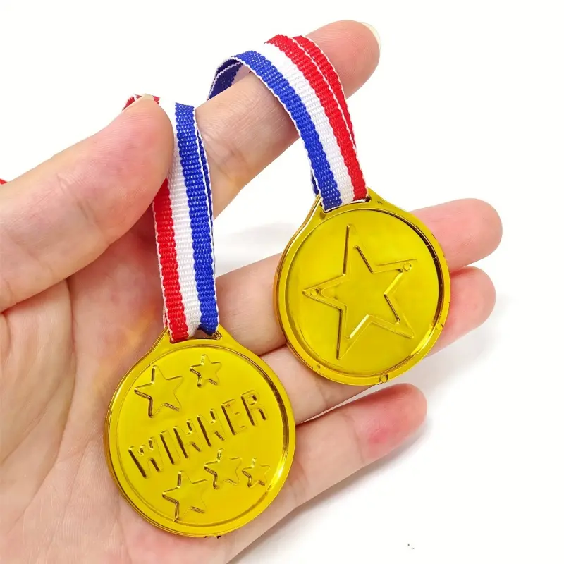 Unisex Abs Plastic Medal Shape Golden Winner Medals with Ribbons - 10-Pack Sports Trophies, Party Favors for Kids Party, Graduation Gifts, Kids Party Favors