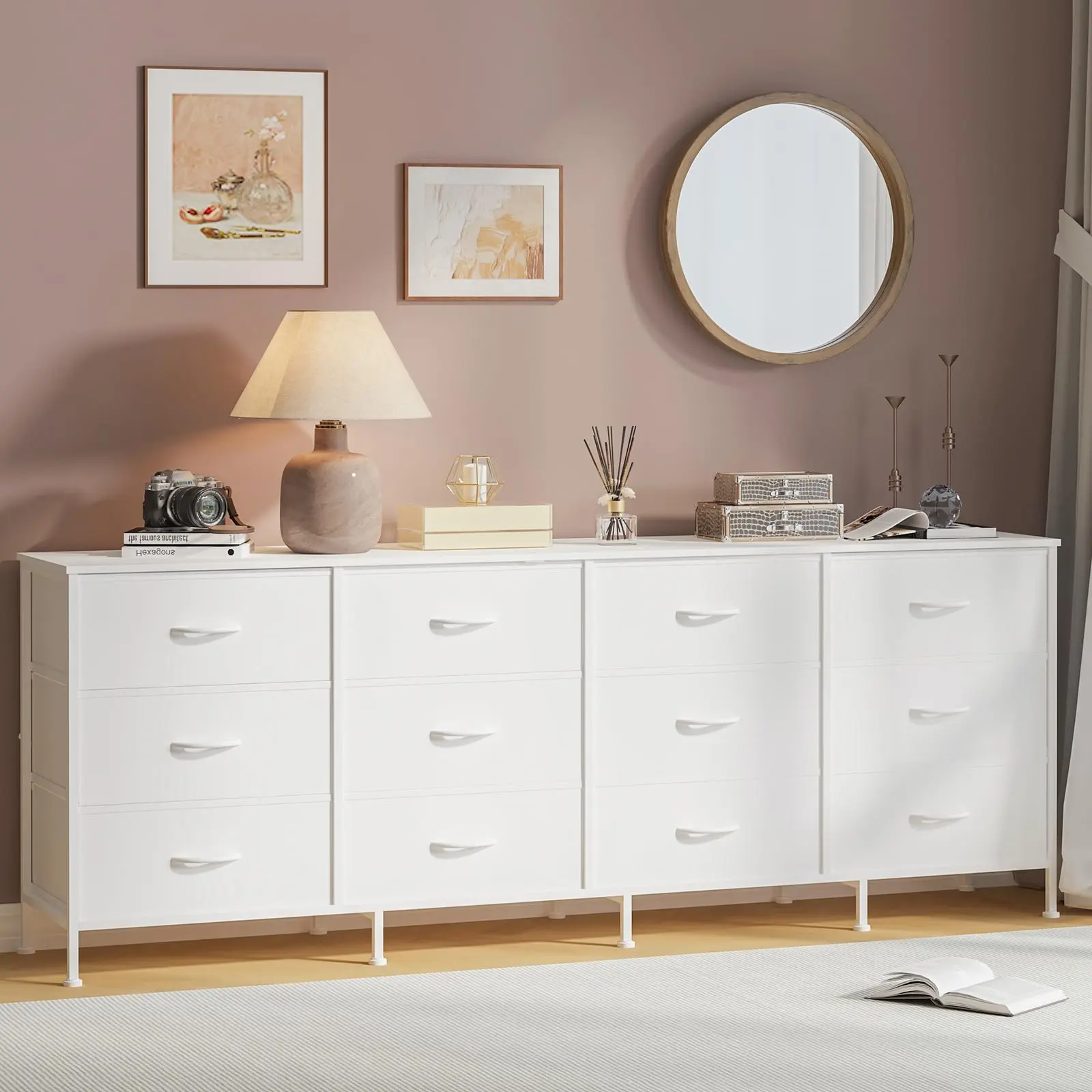70 Inch Long Dresser & TV Stand with 12 Fabric Drawers – Wide Bedroom Chest, Large Storage Cabinet, Entertainment Center for 65-80 Inch TVs – Living Room, Entryway Organizer