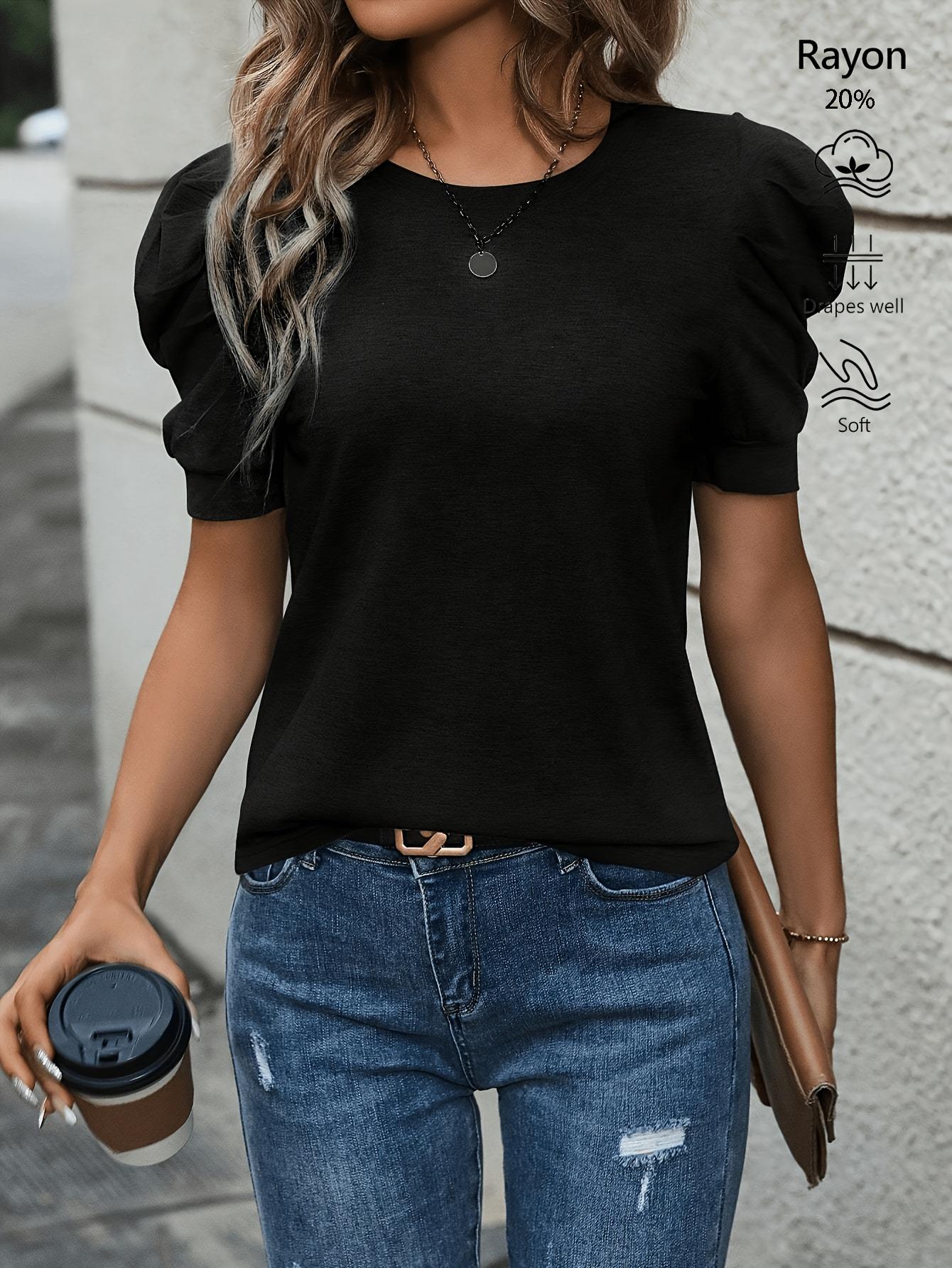 Women's Ruffle Short Sleeve Sweater Casual T Shirts Summer 2026 Knitted Tops Round Neck Blouse Lantern Sleeve T-Shirt - Women's Solid Color