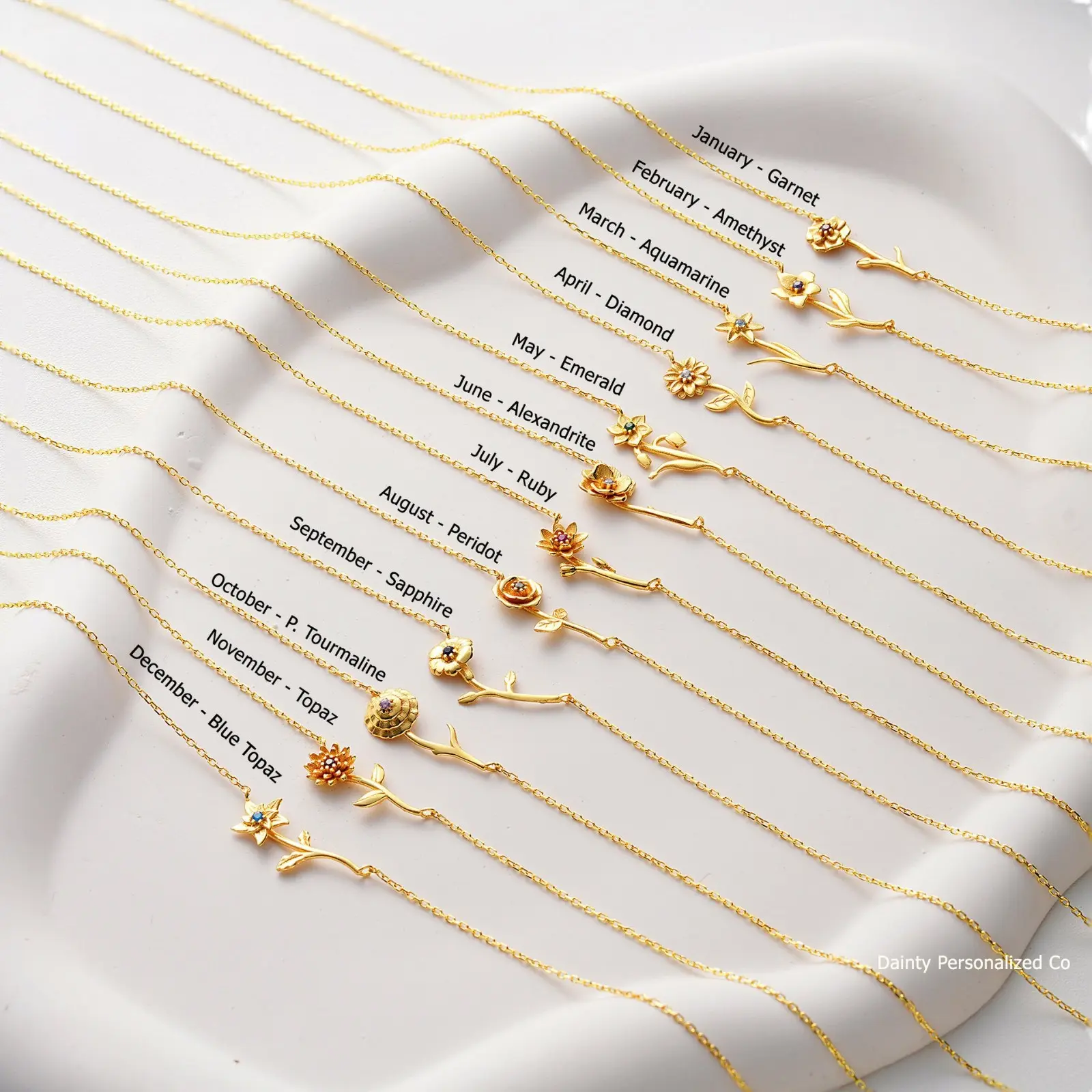 Trendy 14K Gold Plated Birth Flower Pendant Necklace Dainty Horizontal Birth Month Floral Birthstone Golden/Silvery Pendant Necklace Jewelry Gifts for Mom Friends