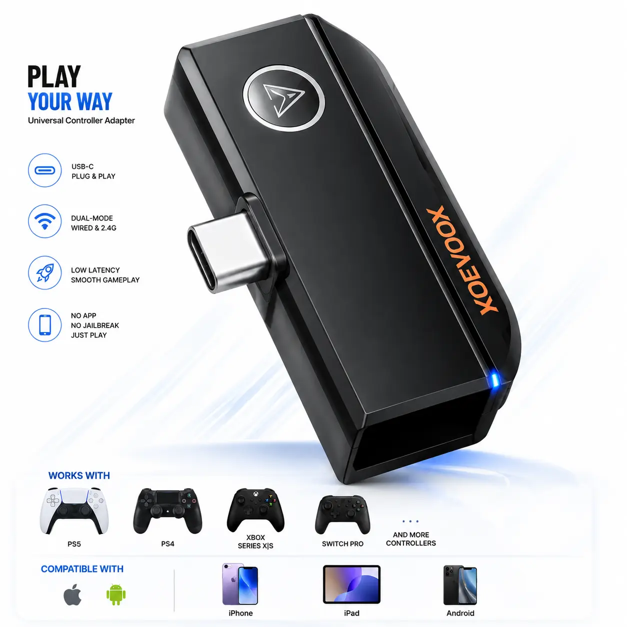 X01 Portable Compact Gaming Controller Adapter with Plug - USB-C Dual-Mode Wired/2.4G Wireless for iPhone, iPad, Android Smartphones, Compatible with PS5, PS4, Xbox, Switch Pro Controllers