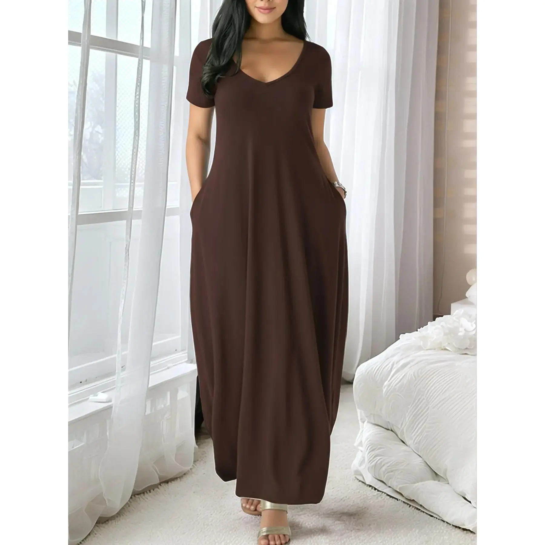 Women's Long Coffee Color Loungewear Dress, Casual Fitted Style, Large Round Neck Short Sleeve Pocket Sleepwear, Soft Fabric All Seasons Wear Maxi Short Sleeve Figure Flattering Women Fashion Versatile