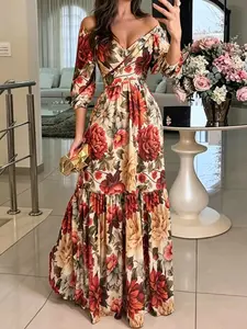 2026 New French Floral Print V-Neck Long Dress, Elegant Fitted Patchwork Design, Luxury Party Gown, High-Quality Women's Clothing, Elegance