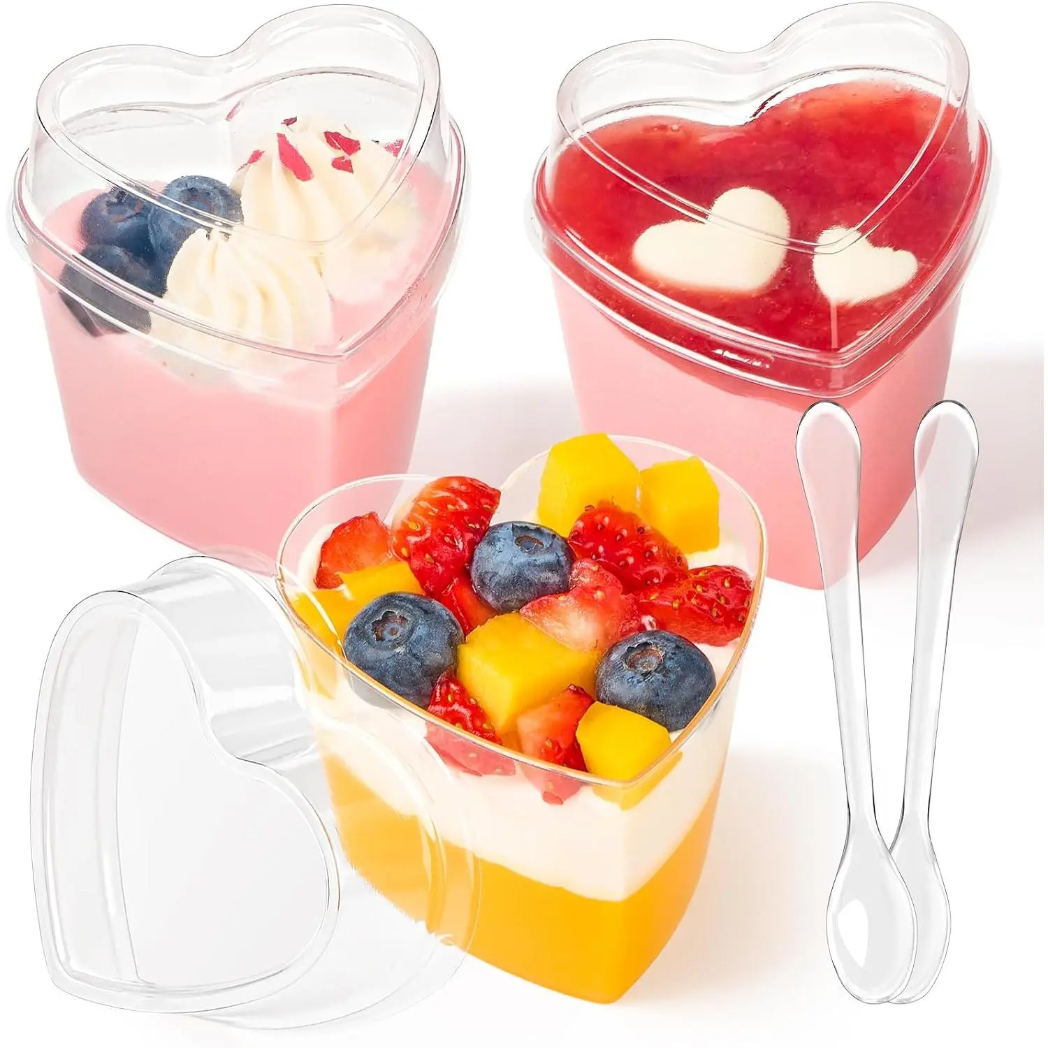 5 oz Heart Shaped Dessert Cups with  and Spoons, 50 Pack | Mini Plastic Shooter Cups, For Parfait, Pudding, Fruit, Cheesecake, Mousse, Jello, Yogurt, Appetizer