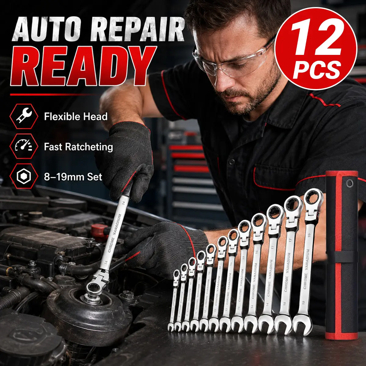 12-Piece Flex Head Ratcheting Wrench Set 8-19mm, 72-Tooth 180° Swivel Flexible Combination Wrenches, Chrome Vanadium Steel Open End & Box End Spanner Tools with Storage Roll for Auto Repair, Garage, Mechanic, DIY Home Maintenance, Ratchet Spanners