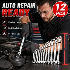12-Piece Flex Head Ratcheting Wrench Set 8-19mm, 72-Tooth 180° Swivel Combination Wrenches, Chrome Vanadium Steel Open End & Box End Spanner Tools with Storage Roll for Auto Repair, Garage, Mechanic, DIY Home Maintenance
