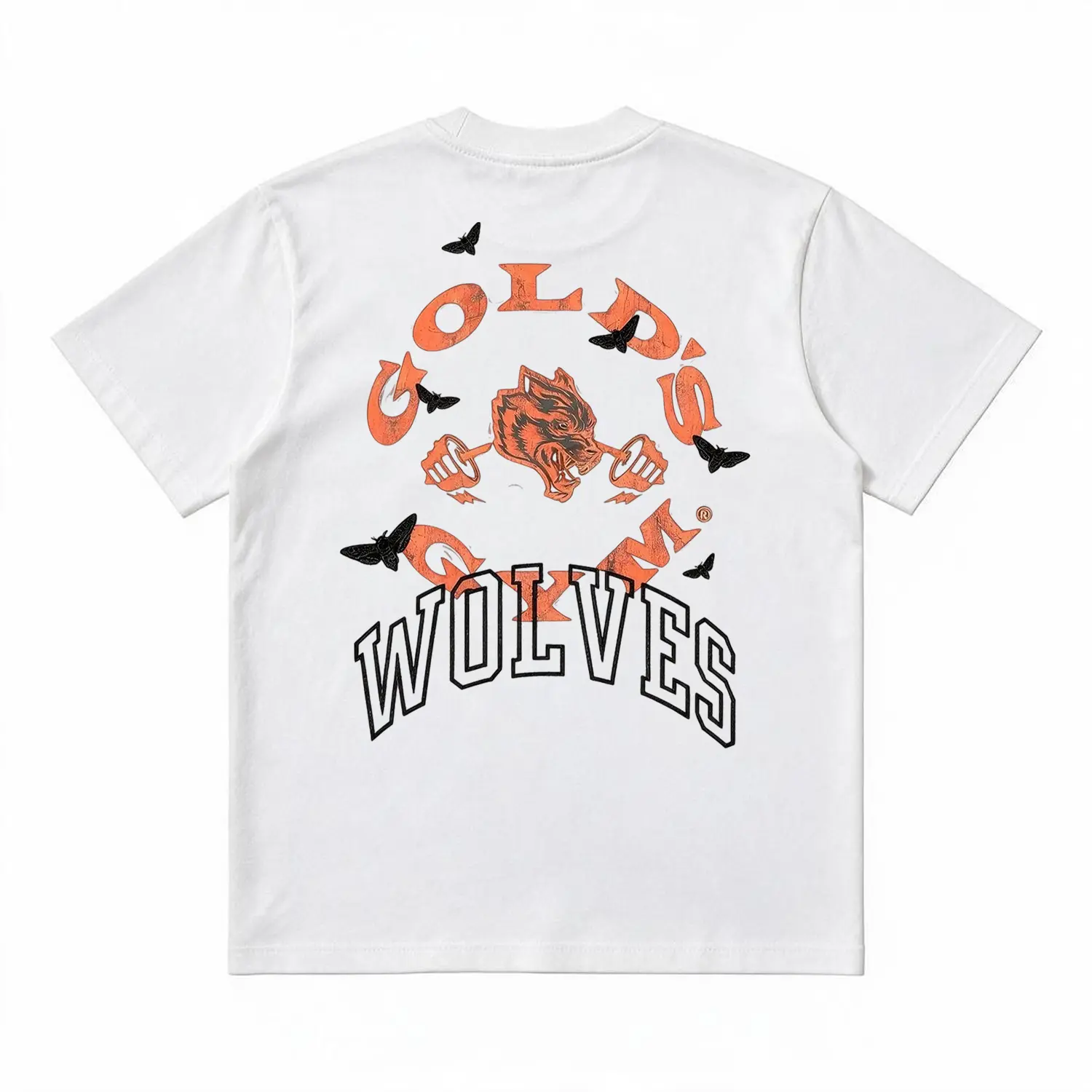 Heavyweight Cotton Oversized Crew Neck Short Sleeve Back Print T Shirt, Gold’s Gym Wolves Distressed Orange Circular Text Growling Wolf Dual Dumbbell White Butterfly Accent Vintage Collegiate Bodybuilding Fitness Graphic Tee, Unisex Weightlifting Athlete