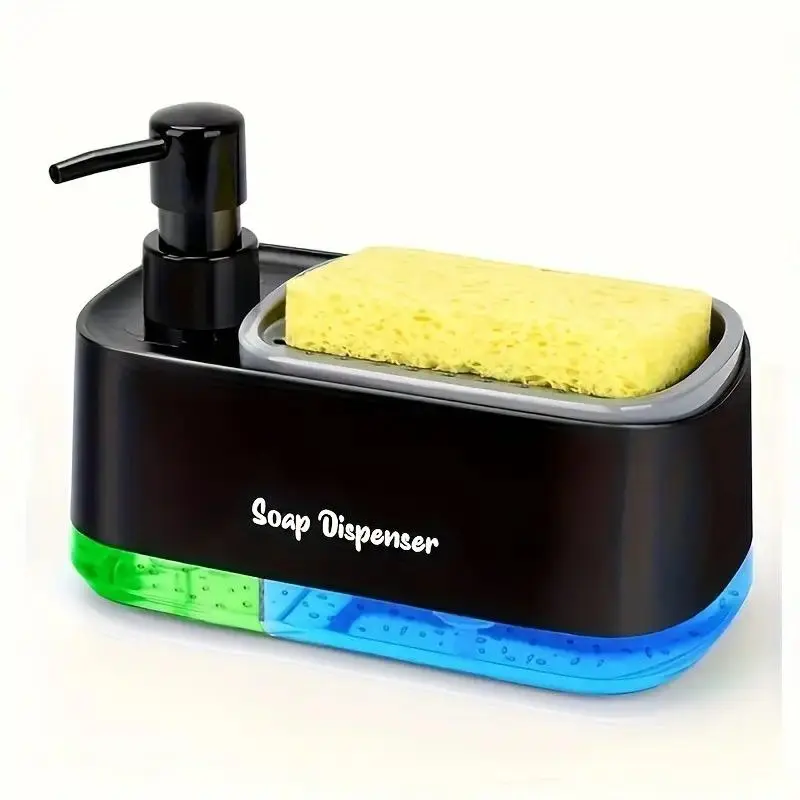 1/2pcs Sustainable Durable Plastic Soap Dispenser with Sponge Holder, Leak-Proof Pump, Battery-Free Design, Space-Saving Bathroom Gadget & Kitchen Accessory, Easy-to-Clean, Black/Blue/White Upgraded Version, Holiday Gift, Kitchen Accessories, Bathroom G