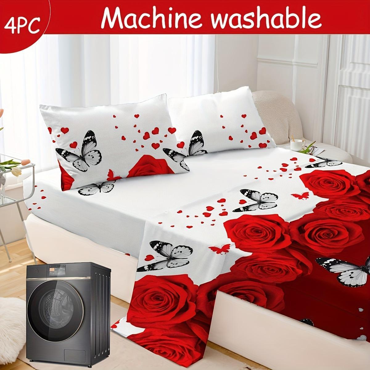 Rose & Butterfly Pattern Bedding Set, Including 1 Fitted Sheet & 1 Flat Sheet & 2 Pillowcases (No Pillow Inserts), Bedding Supplies for Home Bedroom Hotel