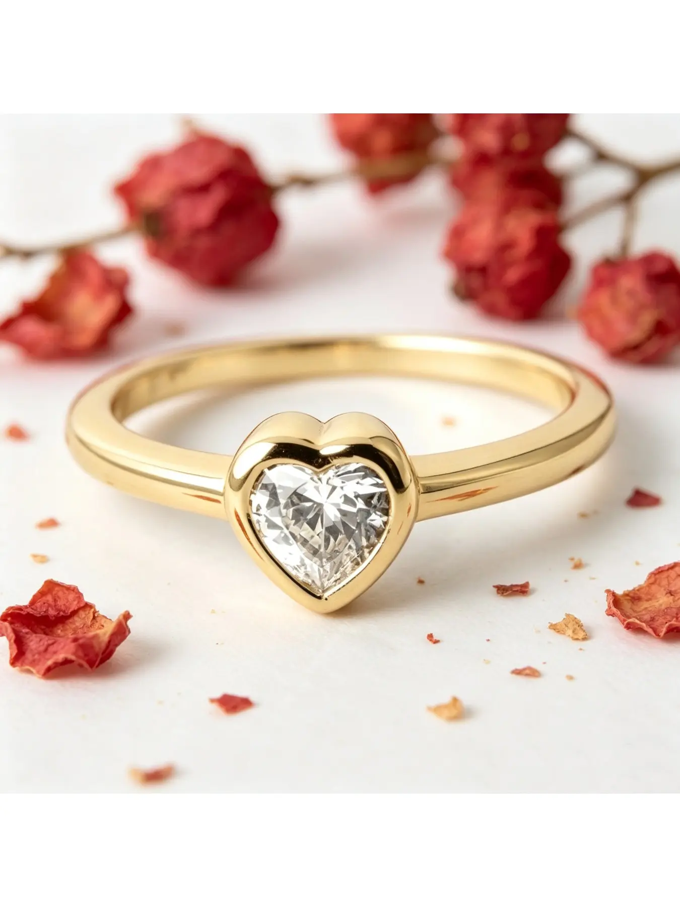 Bezel Set Heart Cut Clear Stone Plain Thin Gold Engagement Ring, Bridal Ring, Minimalist Gentle Gift for Women, Smooth Rounded Bezel Slim Band for Everyday Wear, Perfect for Valentine Dates, Christmas Parties and Casual Proposal Moments