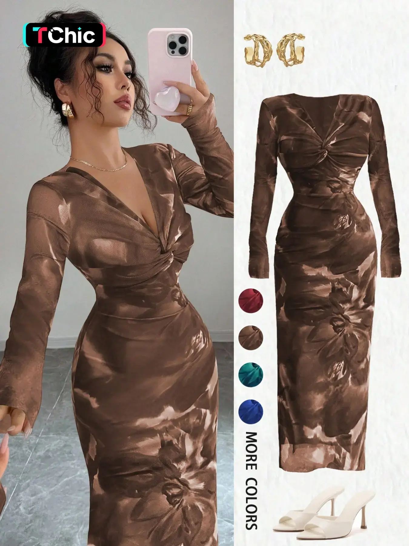 Elegant Chic Spring Autumn Women's Slim-Fitting Formal Long Sleeve Dress with Cross Twist V Neck, Floral Print Design, Perfect for Work Dates and Parties, Workwear