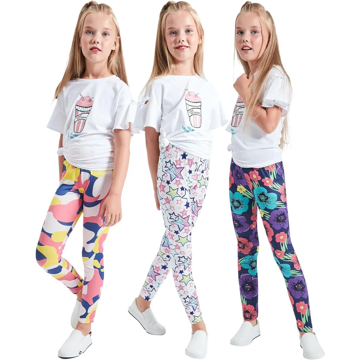 Girls Printed Leggings Multipack, Cute Stretch Ankle Length Pants for Ages 4-13