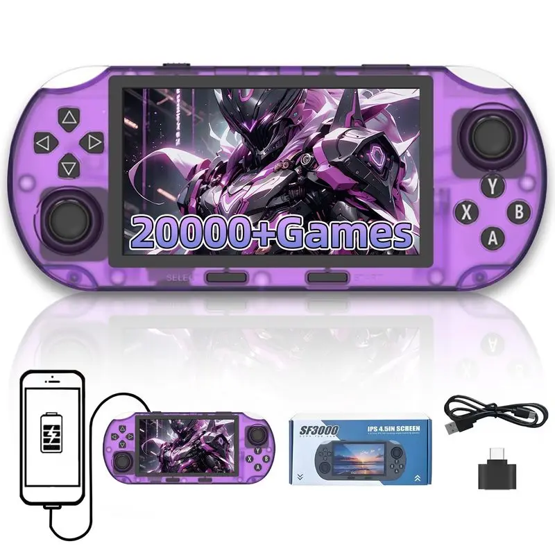 Rediscover the joy of your childhood! The SF3000 retro handheld game console features over 20,000 games, 14+ emulators, a 4.5-inch IPS HD screen, a dual-core processor, instant phone charging, and TV connectivity. It's both stylish and durable!