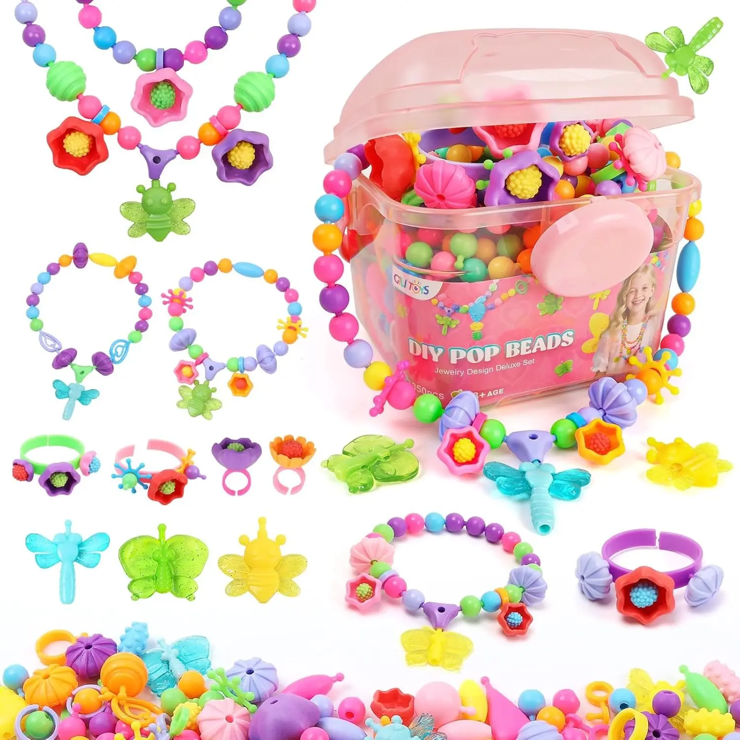 Insects Theme Plastic Beads Jewelry Kit for Girls - 350PCS DIY Crafts Bracelet Making Toy with Butterfly, Ladybug, Dragonfly - No Mess Craft Storage Box - Birthday Gift Ideas for Age 4-8