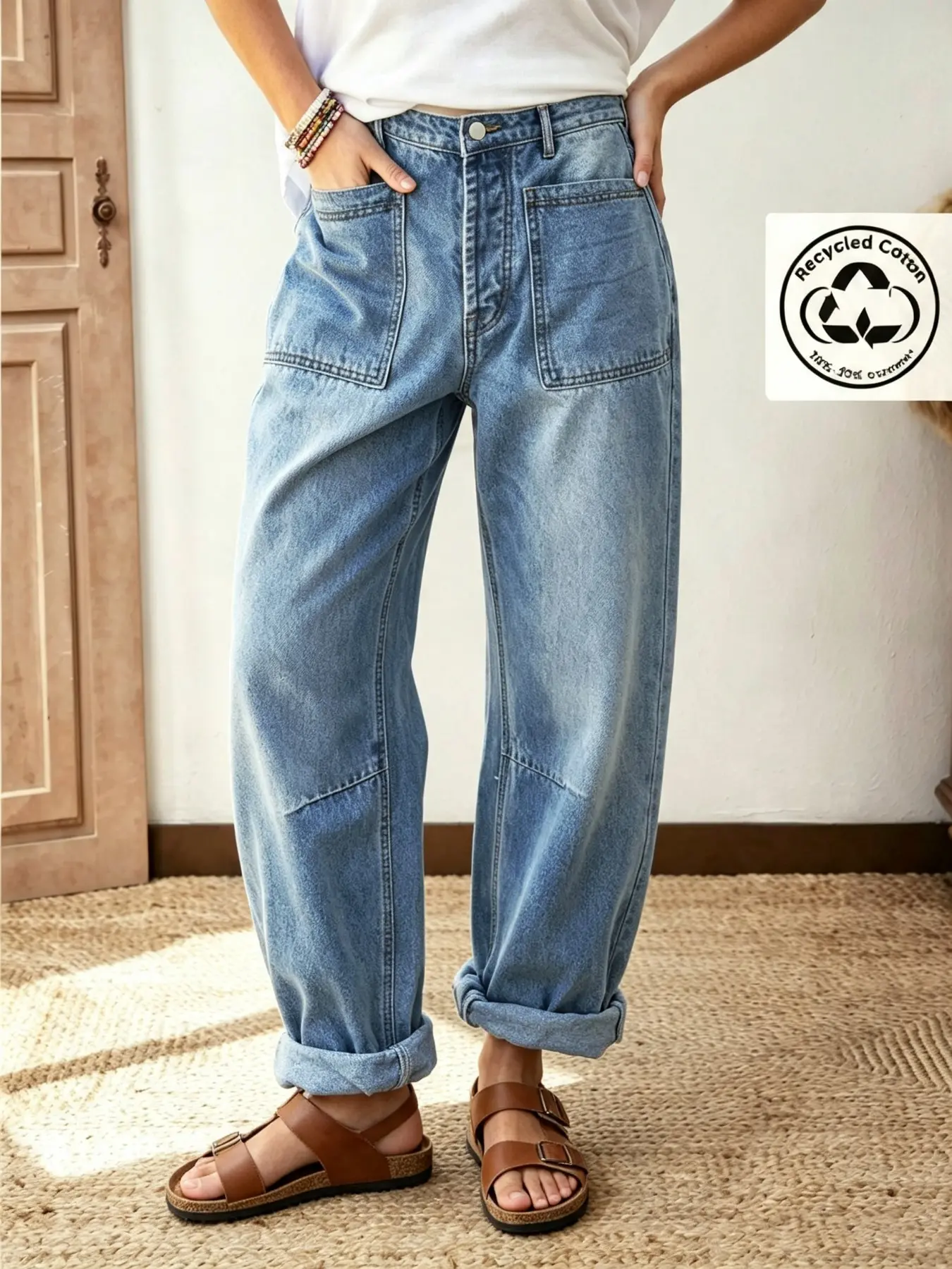 Women's Loose-Fit Denim Jeans, Vintage Washed Workwear Style, Large Pockets, Elastic Waist, Floor-Length, Casual All-Season Pants