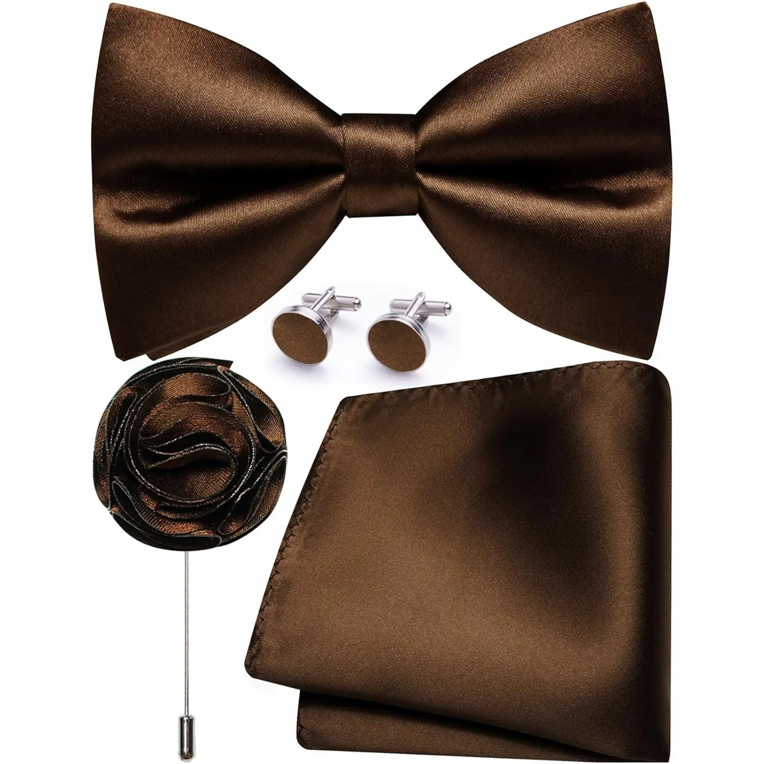 Brown Bow Ties for Men Pre-tied Silk Bowtie and Pocket Square Cufflinks Lapel Pin Set Tuxedo Wedding Party 4PCS