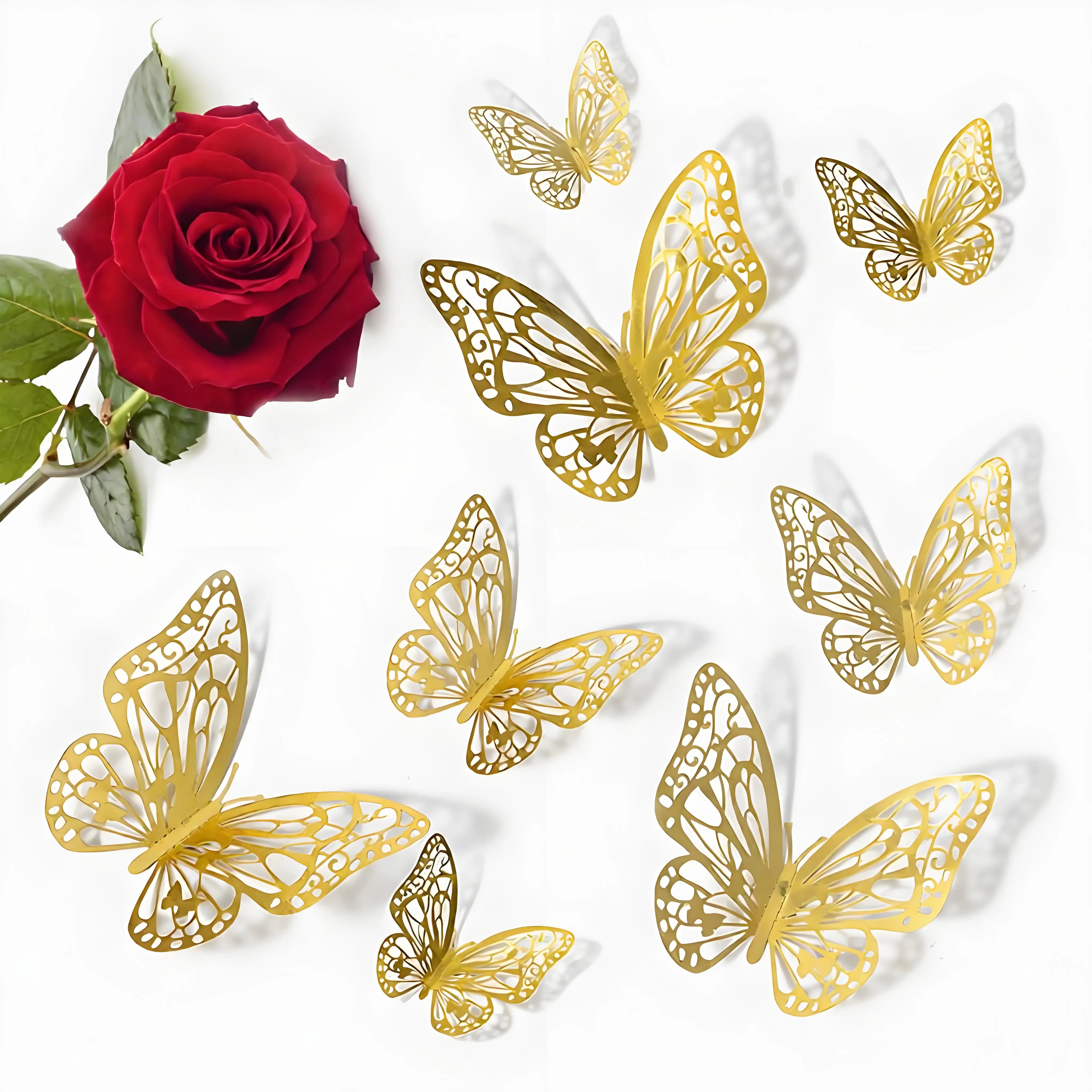 12 pieces/pack (4 large, 4 medium, and 4 small) with a total of 2 packs，golden hollow butterfly wall stickers, butterfly decals for home background wall decoration, creative butterfly stickers,Stereo Simulation Butterfly Decor Set