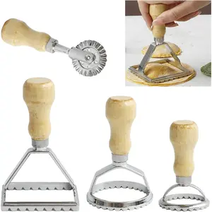 Ravioli Stamp Maker Cutter with Roller Wheel Set, Large Size Aluminum Press with Wooden Handle and Fluted Edge, Ravioli Maker Stamp for Ravioli, Pasta, Dumplings Lasagna, Pierogi, Set of 4
