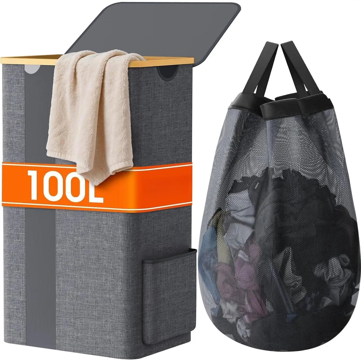 100L Laundry Basket Hamper with Lid & Removable Bag,Light Grey | Clothes Laundry Hamper with Handles,Breathable Design Hamper for Bedroom, Bathroom, Dorm, Laundry Room