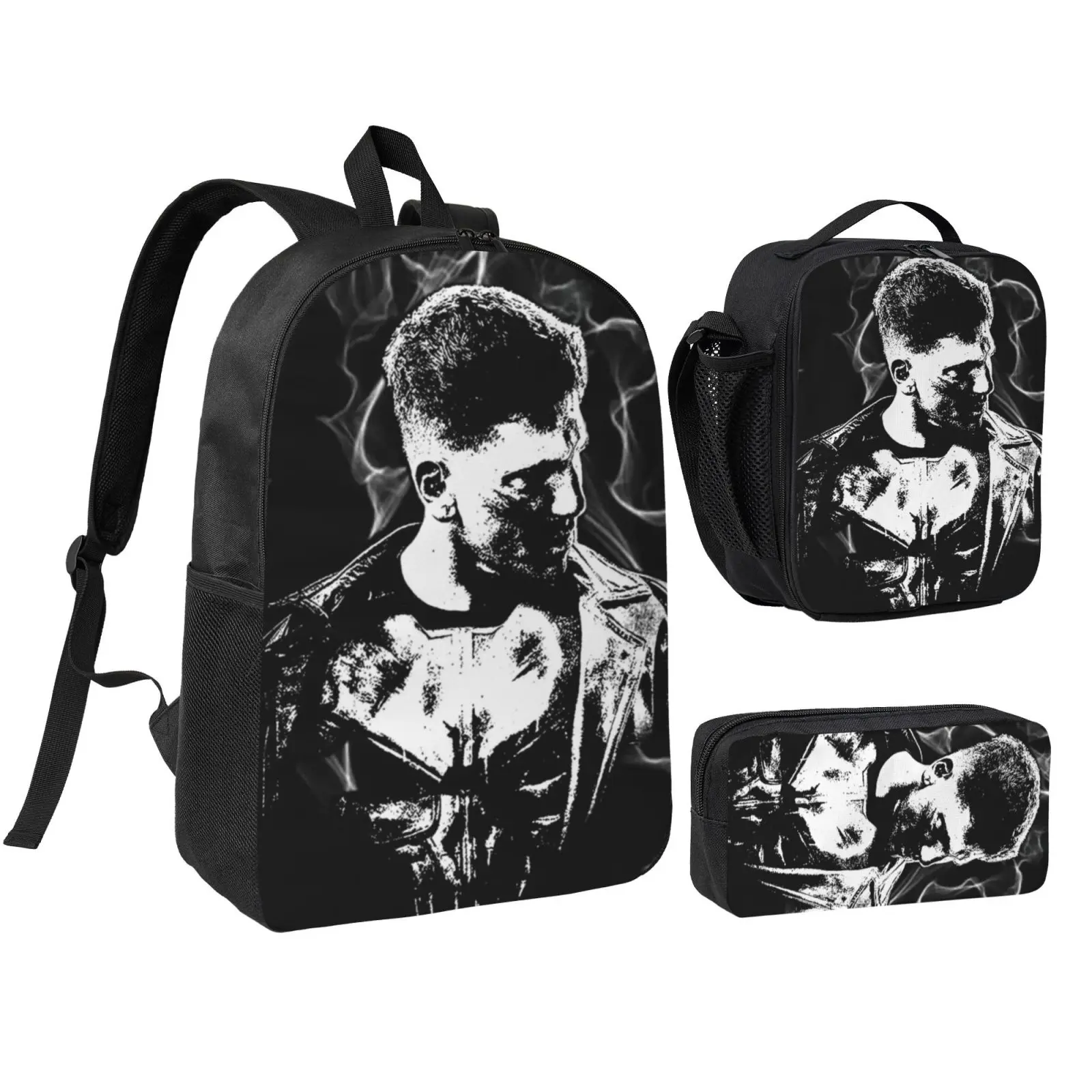 Anime Punisher1 Kids 3Pcs Multipurpose Teen Backpack Set with Adjustable Shoulder Straps, School Bookbag, Insulated Lunch Box & Pencil Bag for Boys Girls Daily School Travel Office