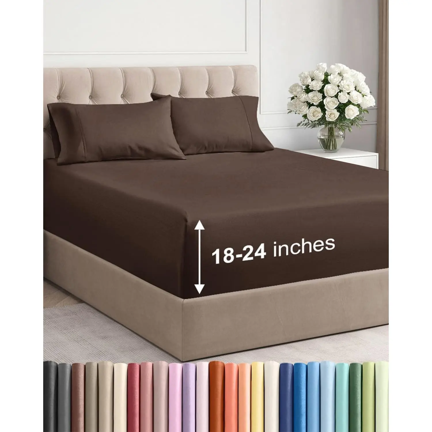 4-Piece Extra Deep King Sheet Set - Breathable, Cooling, Ultra Soft Bedding - Fits 18-24 in Mattresses - Wrinkle & Fade Free, Deep Pockets - Hotel Luxury Brown Sheets