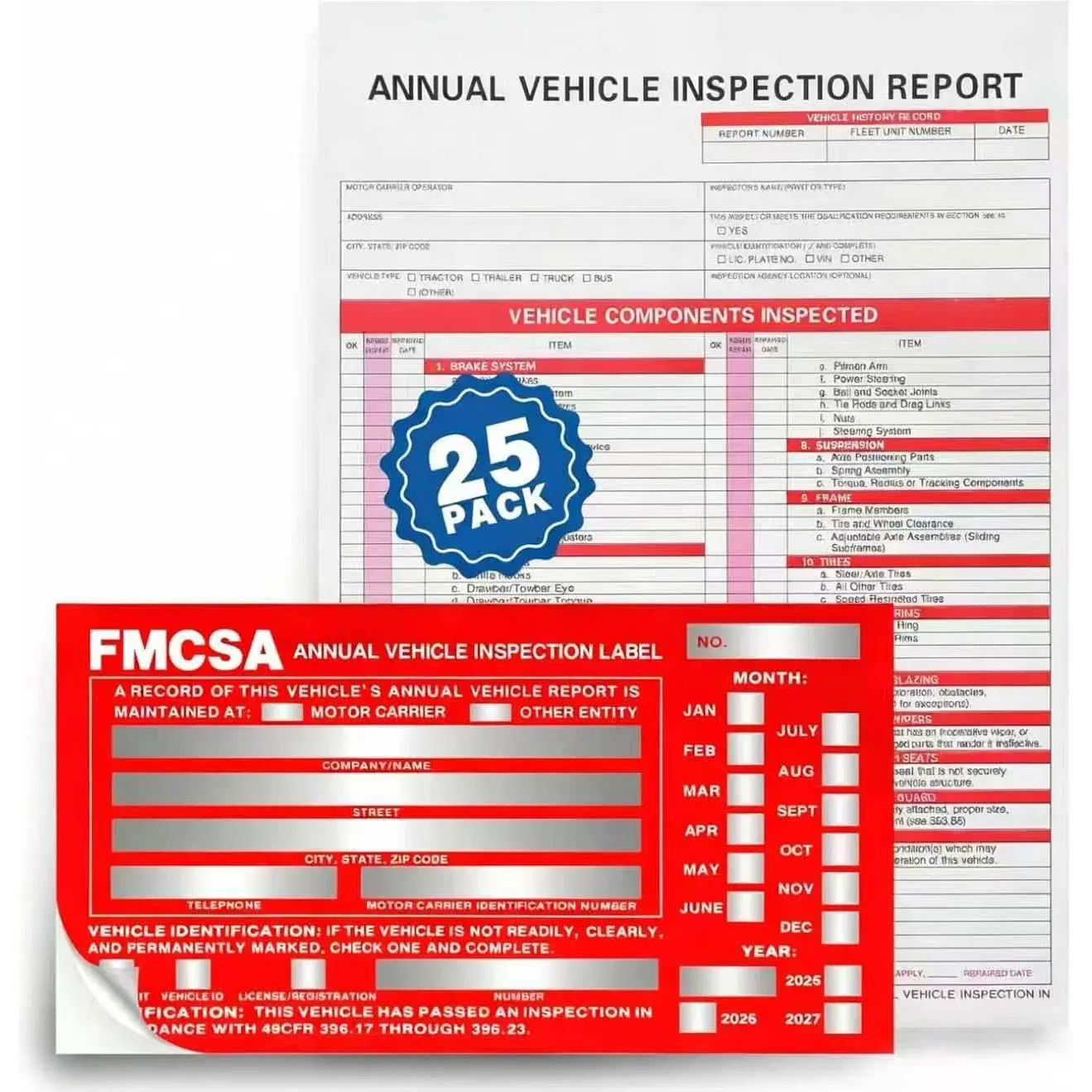 25Pack Inspection Forms and Stickers，Annual Vehicle Inspection Report，Annual Inspection Sticker，3-Ply Carbonless Form，Permanent Aluminum Adhesive Decals