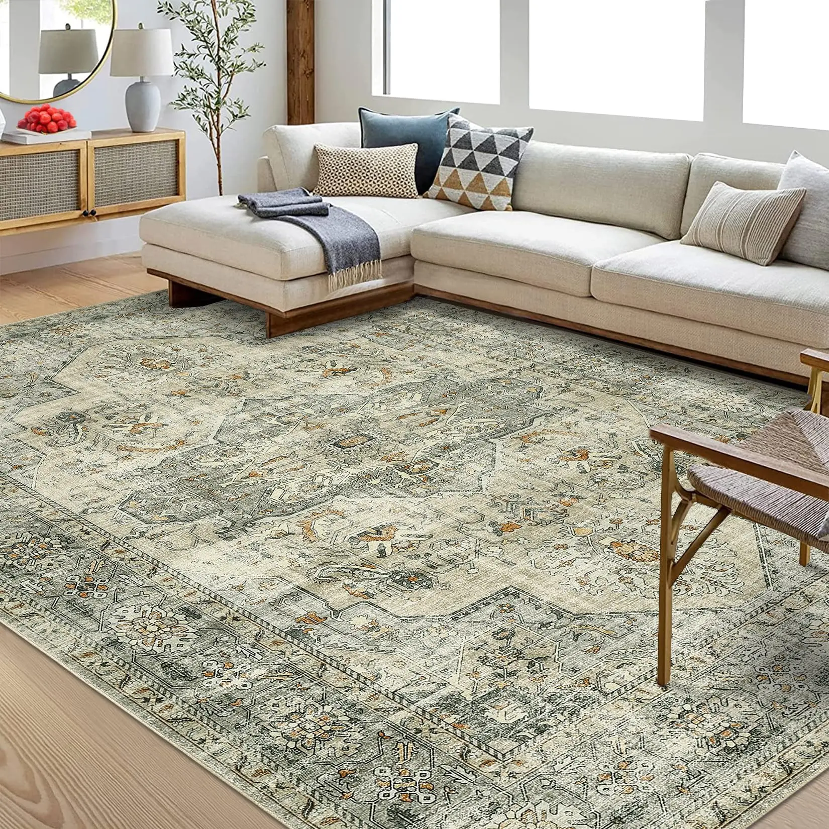 Garvee Washable Area Rug 8x10 Rug Washable Living Room Rug Vintage Rug for Bedroom Distressed Retro Non Slip Large Area Rug Stain Resistant Carpet for Dining Room Office 8'x10' Medallion|Beige