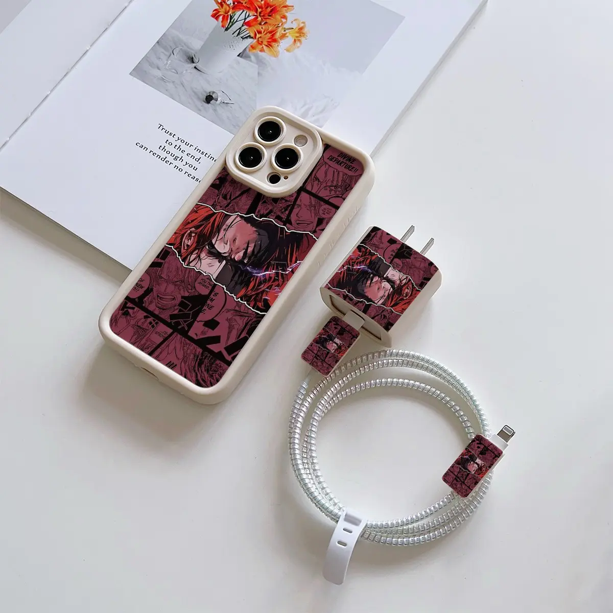 6 Piece Set Antique Anime Phone Case, Charger Head Cover, Cable Protector, Storage Rope, Data Line Protection, Fits iPhone 6-17 Pro Max