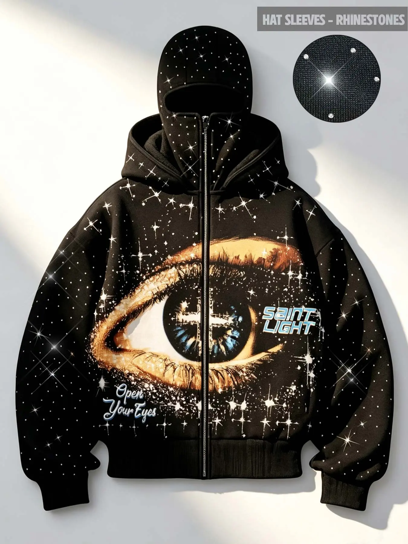 Y2K Retro Dark Aesthetic Streetwear Rhinestone-Studded Eye & Starry Sky Zip-Up Hoodie – Black, Fully Rhinestone-Embellished & Fleece-Lined; Unisex Oversized Fleece-Lined Hooded Jacket