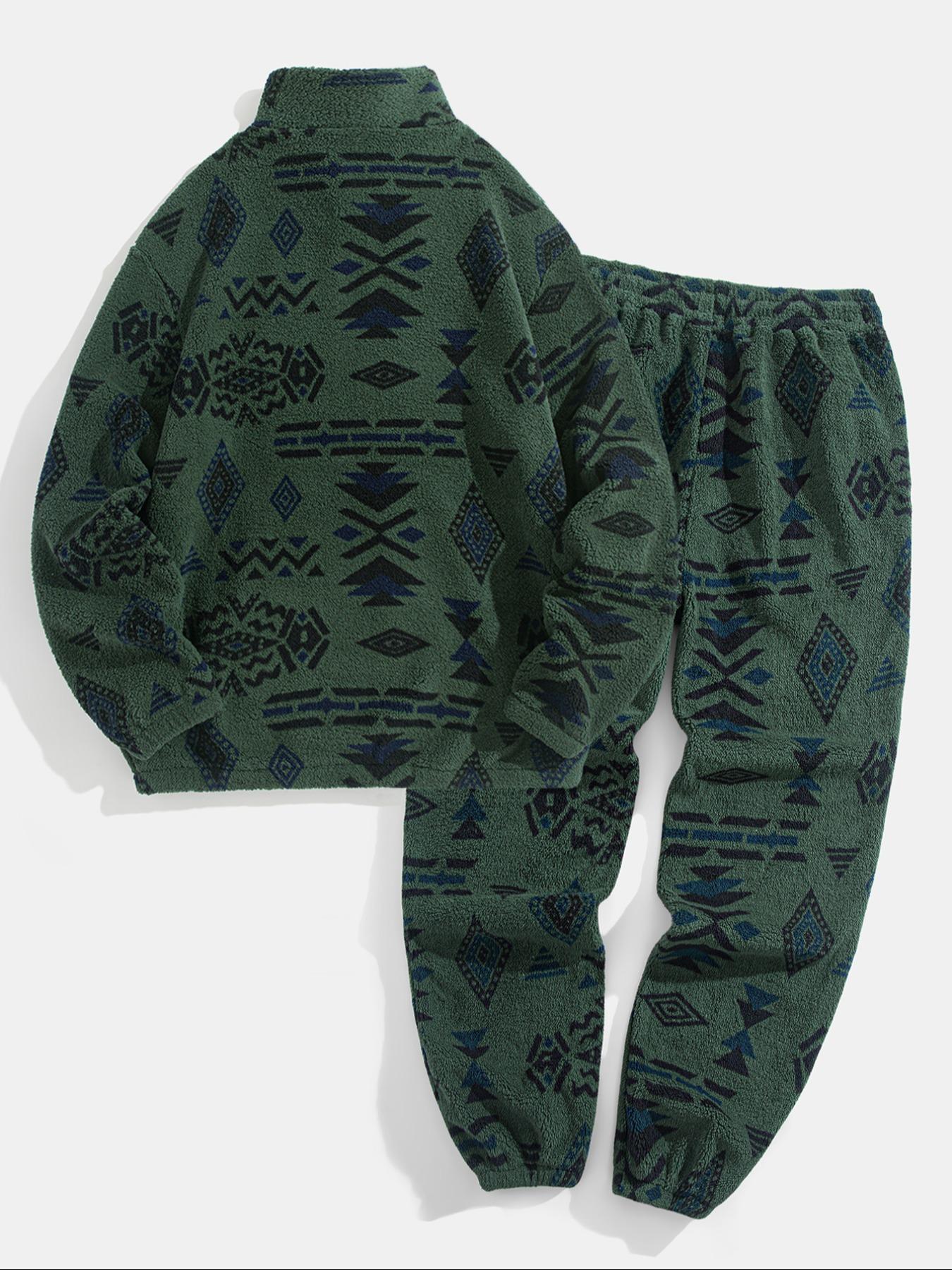 Men's Ethnic Pattern Zip Up Hooded Sweatshirt & Pants Two-piece Set, Casual Long Sleeve Collar Top & Pocket Trousers for Fall & Winter, Men's Two-piece Outfits for Daily Wear, Clothes