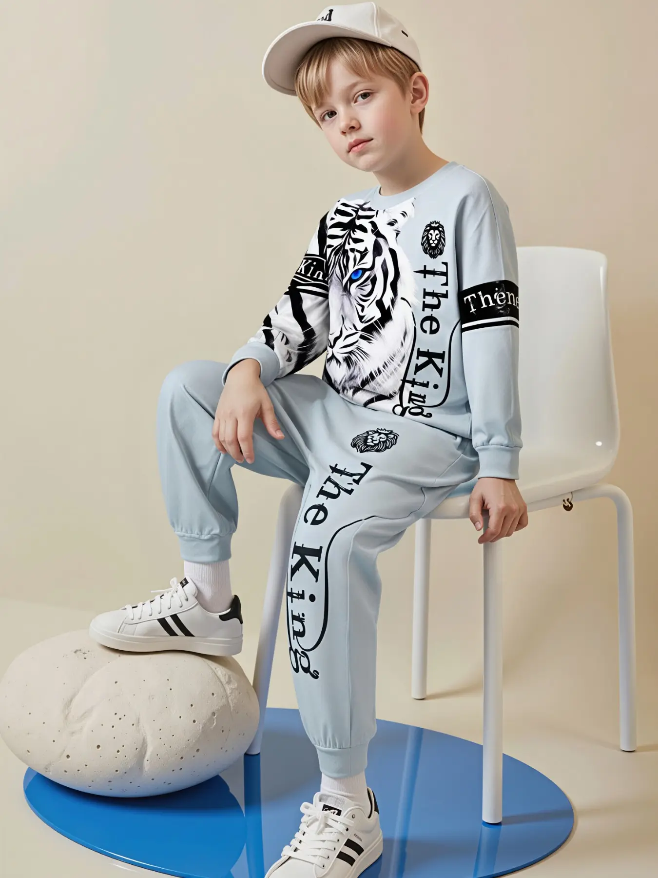 Older Boys Light Blue Tiger "The King" Streetwear 2Pcs Tracksuit, Crewneck Sweatshirt with Large Blue-Eyed Tiger Portrait & Lion Logo "The King" Script Print + Matching Side Text Jogger Pants, Luxury Animal Graphic Outfit for City Street Shoot & School