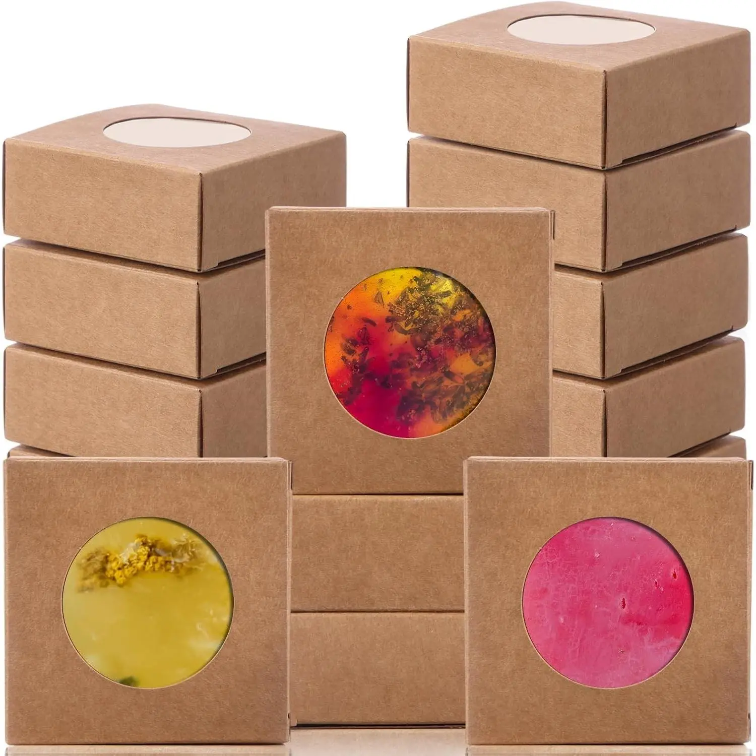 100 Pcs Soap Boxes for Homemade, 3 x 3 x 1.2 Inch Small Paper Gift Packaging Boxes with Window, Gift Wrappers for Soap Packaging Making Party Favor(Round,Kraft)