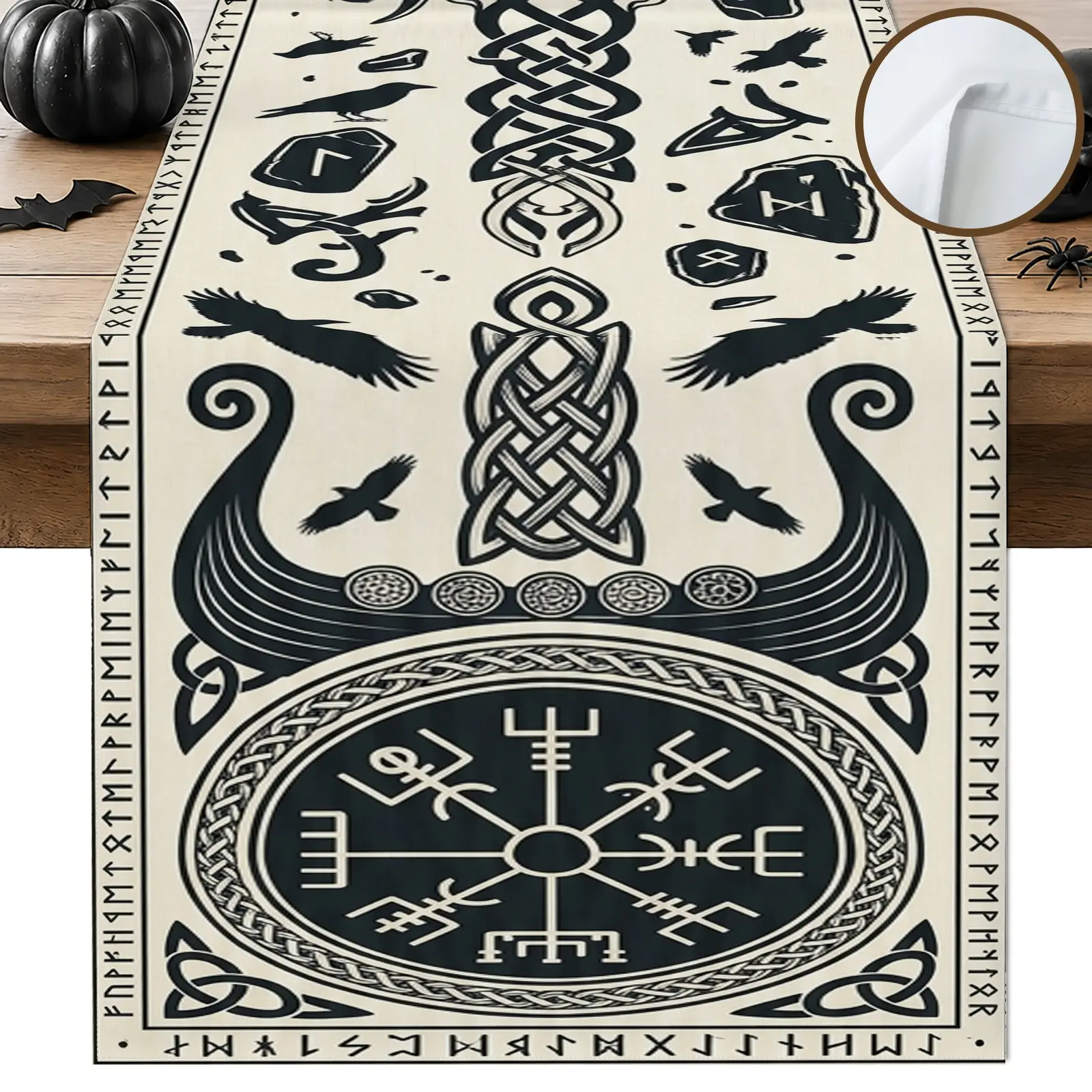 1pc Viking Symbols Ravens Table Runner, Rustic Nordic Style, Intricate Pattern and Decorative Borders, for Dining Table Kitchen Decor Home Decor Halloween Party