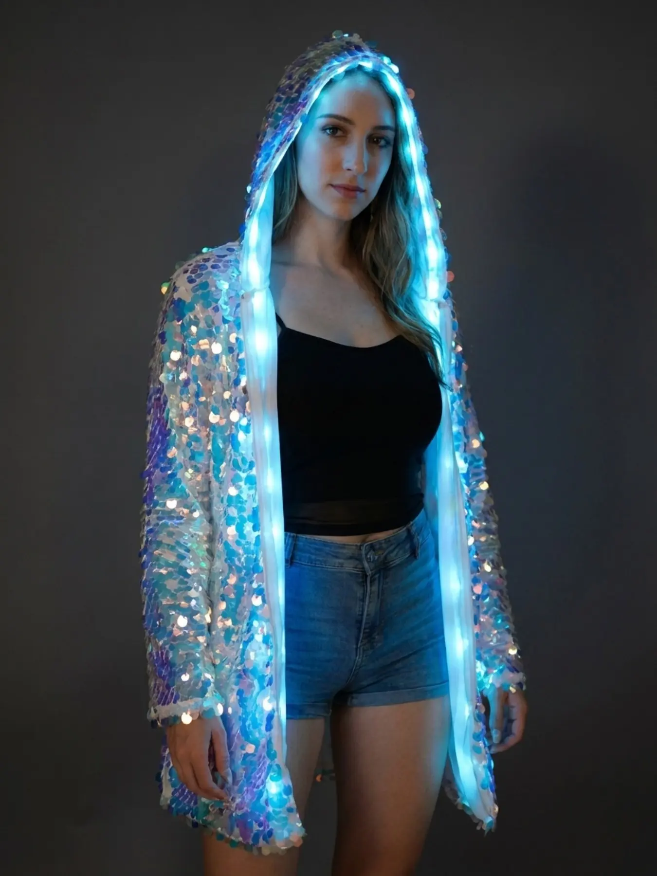 Women's Fitted Long‑Sleeve LED Light‑Up Jacket, Multi‑Color Glowing Sequin Design, Spring Autumn Party Event & Cosplay Outfit, Batteries Not Included