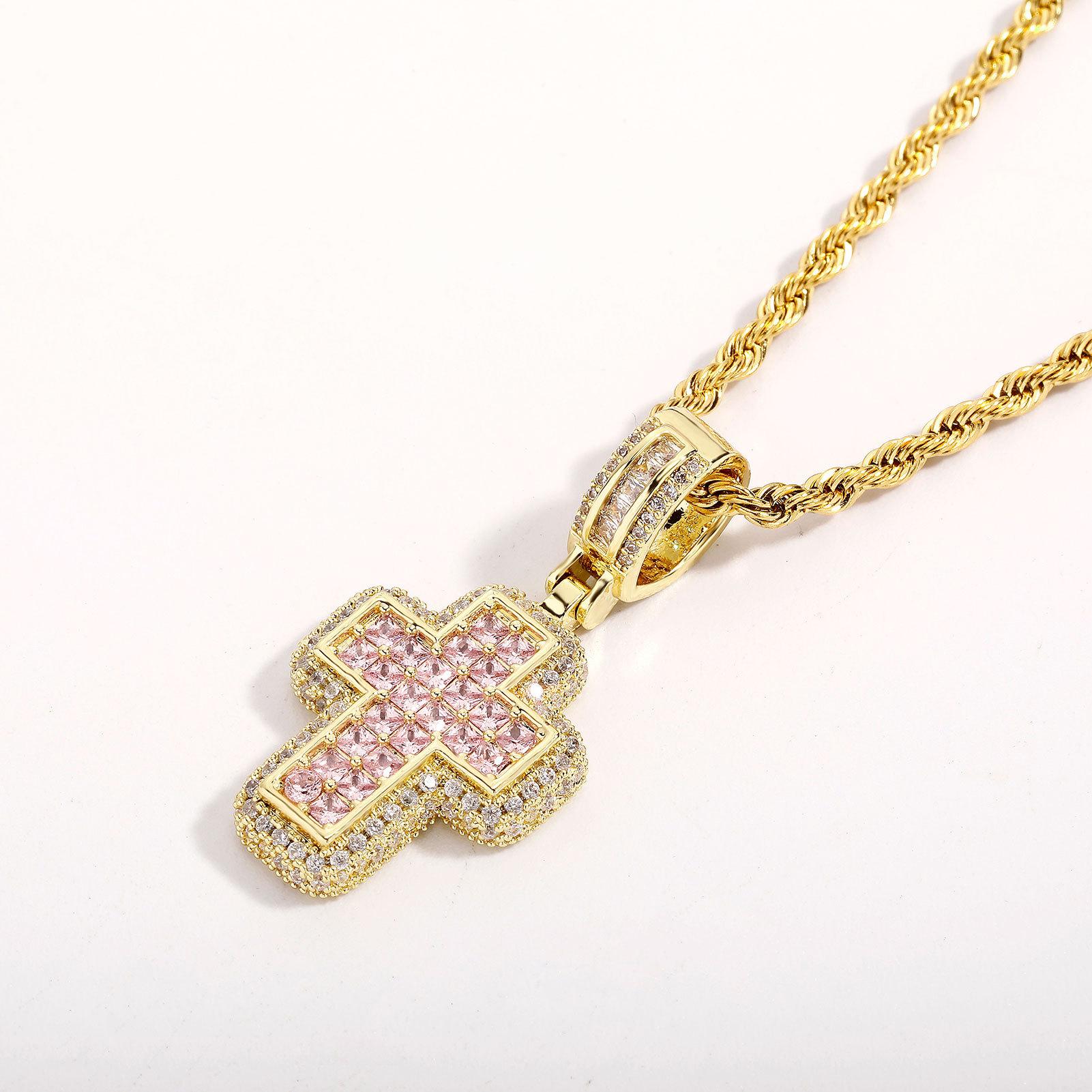 Hip-Hop Fashion T-Shaped Zircon Pink Cross Necklace, Unique European And American Street Style Accessory