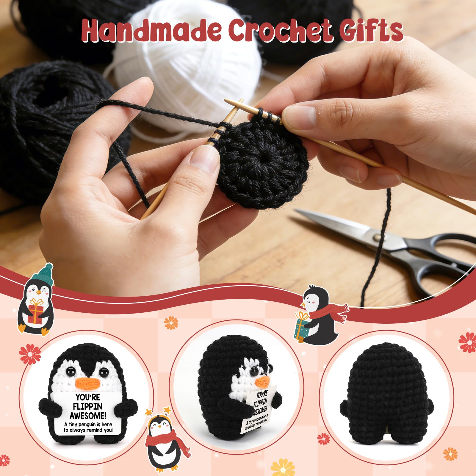 Kawaii Handmade Knit Penguin Stuffed Animal, Soft Plush Stress Relief Toy for Relaxing Mood, Tiny Cute Bag Pendant Keychain Backpack Decor, Perfect Gift for Christmas Birthday Mother’s Day Father’s Day Graduation, Lovely Home Office Nursery Party Decorati