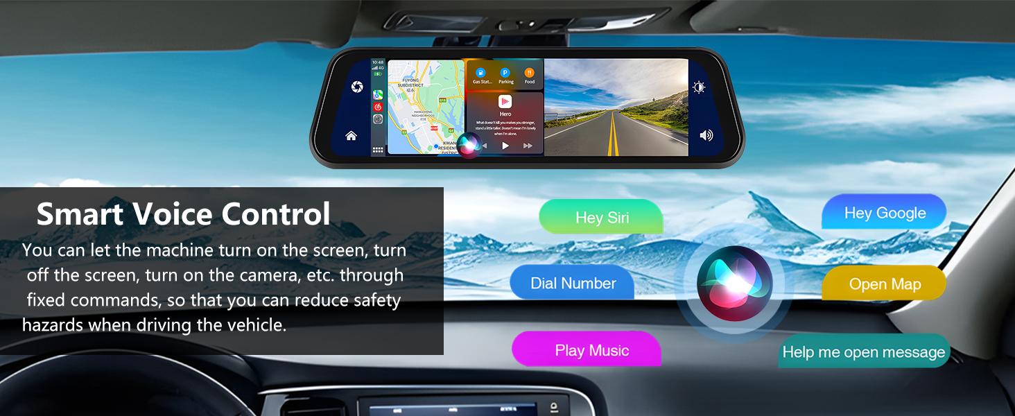 9.66" Carplay Mirror Dash Cam with Android Auto, Rear View Mirror Camera Front and Rear Dual Cameras Support Voice Control Night Vision Parking Assistance Monitoring 64G TF Card