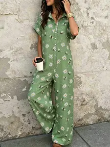 Women's Linen Romper, Summer Loose Fit Wide Leg Pants, Single Button Casual Lazy Workwear, Collared Short Sleeve Overall