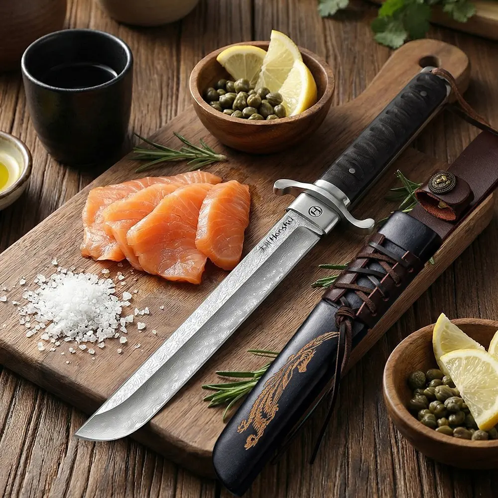 Japanese Katana Style Kitchen Chef Knife Damascus Pattern Stainless Steel Sharp Sashimi Sushi Cutting Knife with Leather Sheath Perfect Christmas Gift for Men Household Cooking Utility Knife