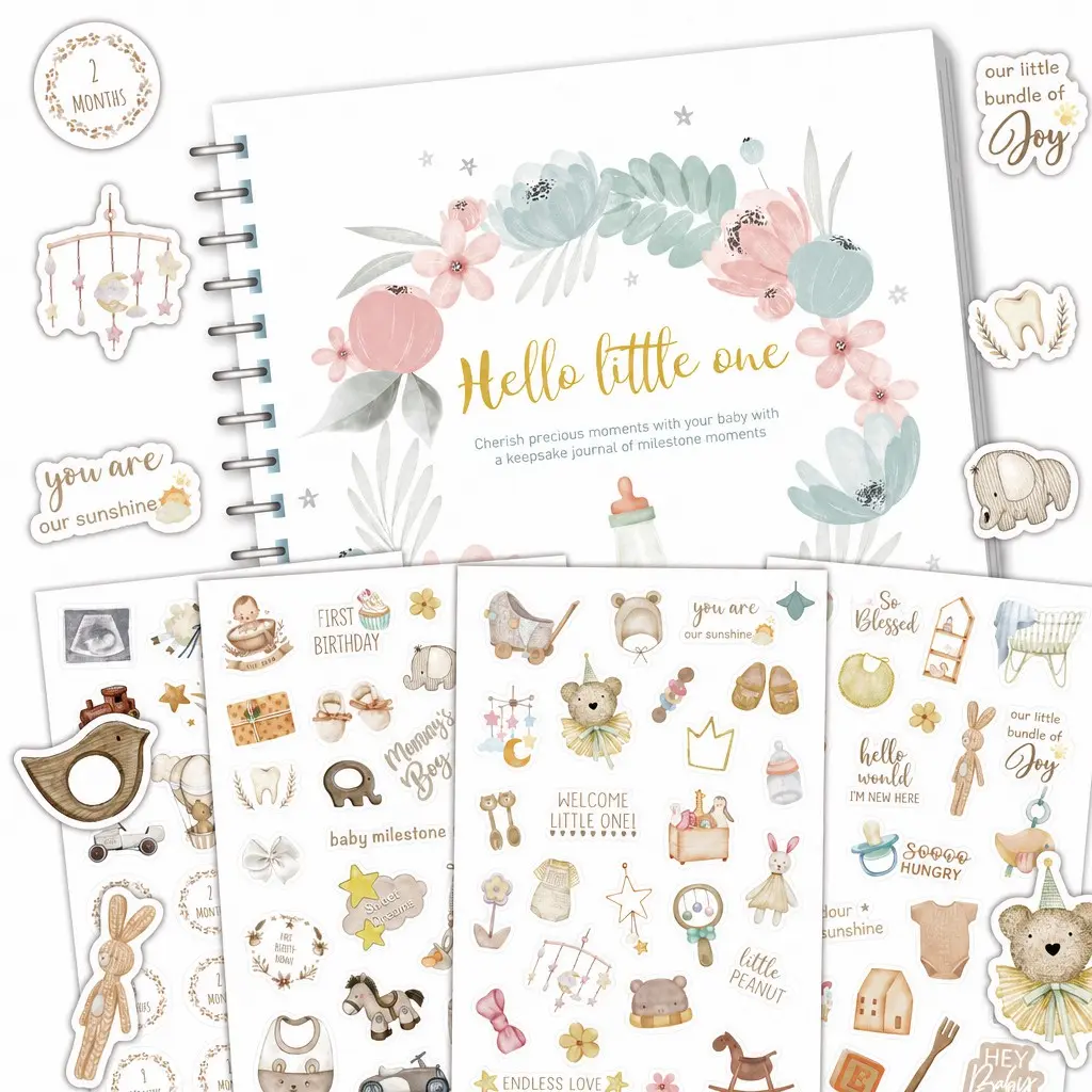 Baby Memory Book, Newborn to Toddler Milestone Scrapbook, First Grade Album, Coil Journal, Includes 4 Stickers, Baby Baptism Gift, Easy-To-Use Diary