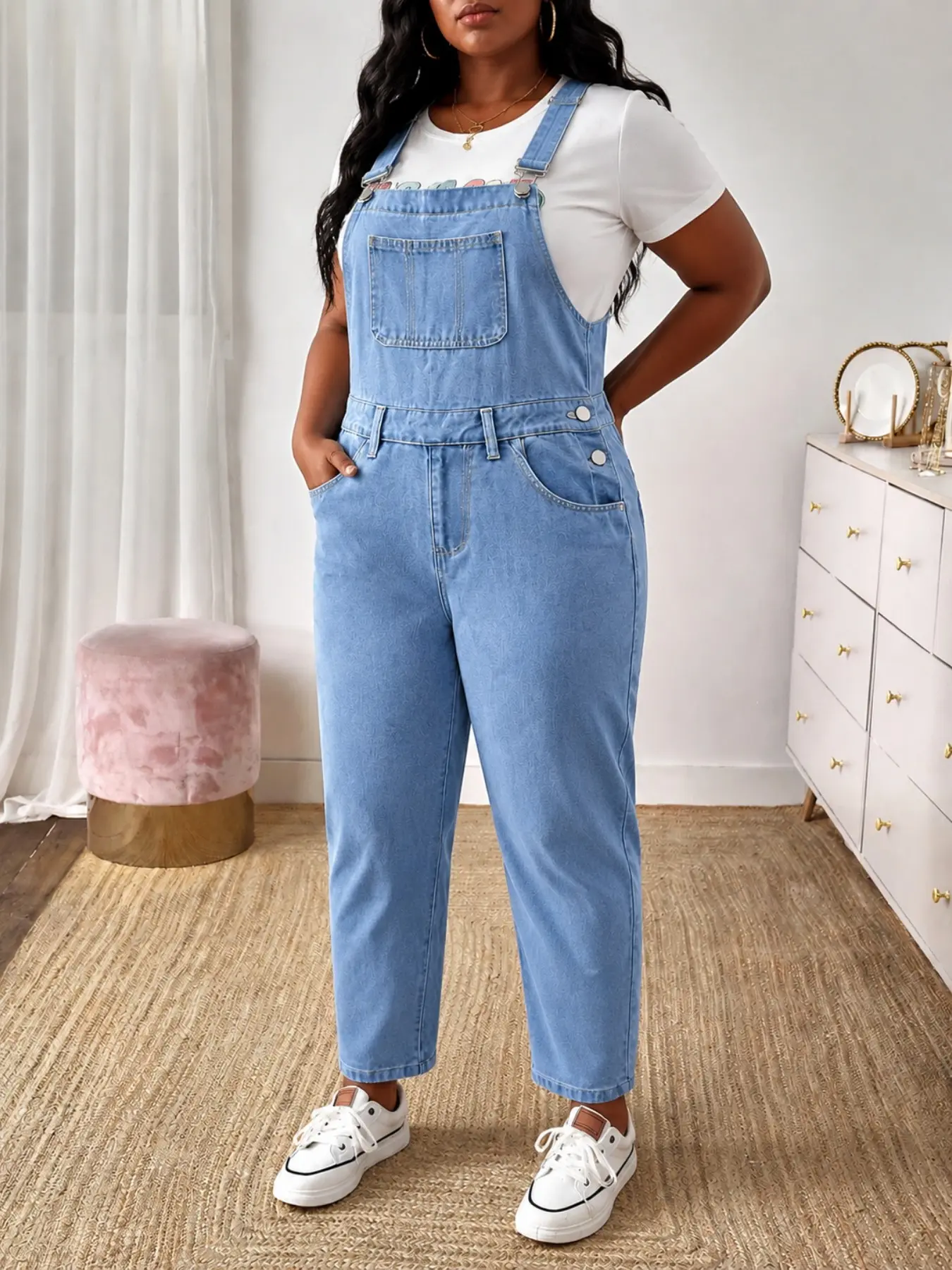 Women's Plus Size Light Color Non-Elastic Denim Overalls, Casual Slim-Fitting Long Jeans, All Seasons Wear, Plain Pattern