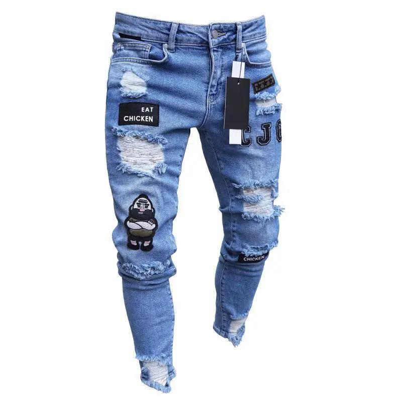 Men's Slim-Fit Ripped Embroidered Hole Stretch Pencil Leg Denim Jeans - Menswear, Stylish Casual Streetwear Pants with Playful Patches, Chicken Embroidery, Sneaker-Matching, Machine Washable