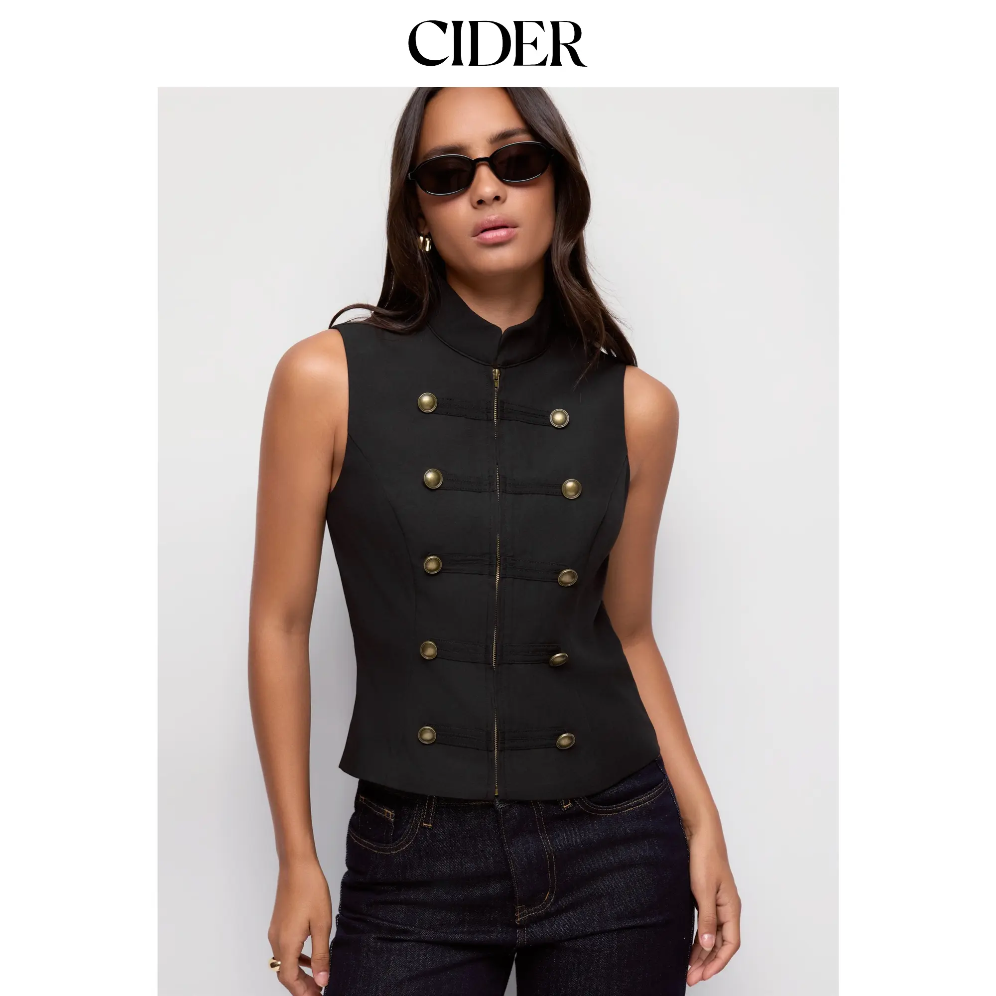 Cider Stand Collar Metal Detail Zip Through Jacket Vest