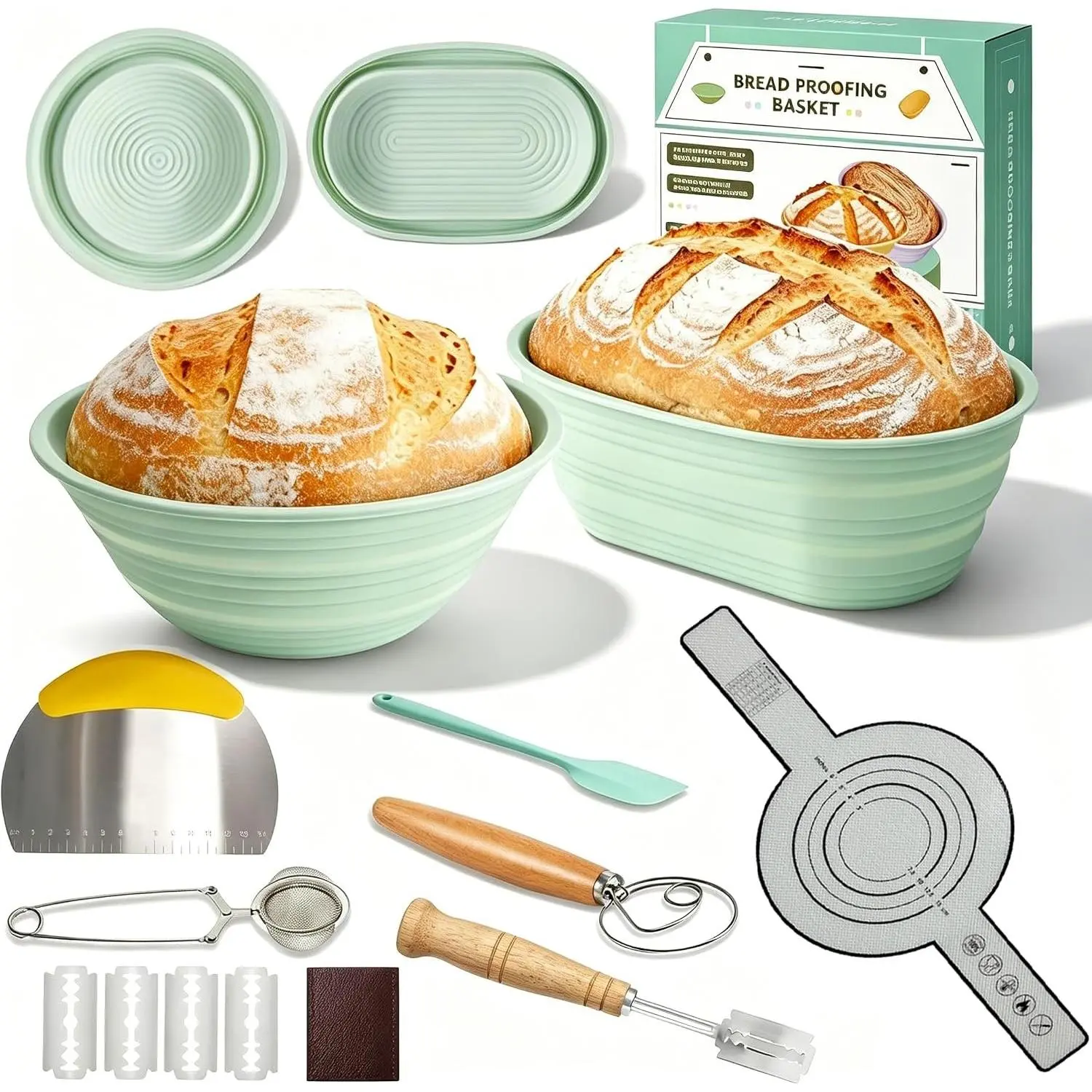 Complete Sourdough Baking Kit with Foldable Silicone Banneton Dough Proofing Baskets