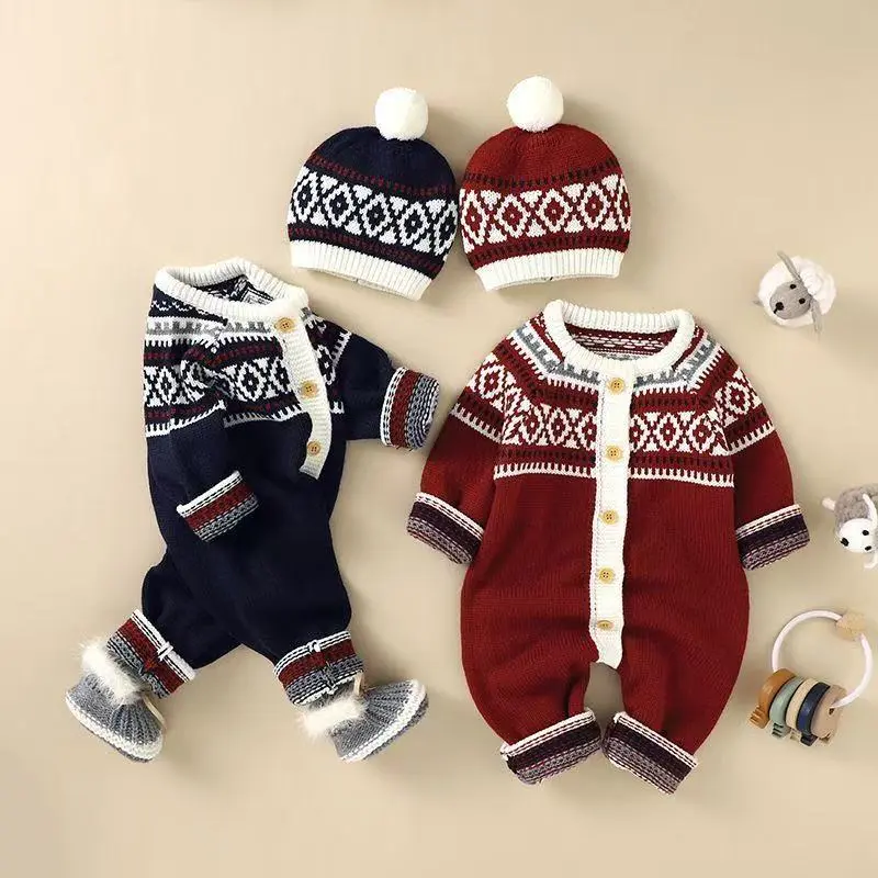 Newborn Infant Geometric Pattern Sweater Romper Long Sleeve Button Jumpsuit & Hat For Toddler Baby Boys And Girls, Suitable For Indoor And Outdoor Wear