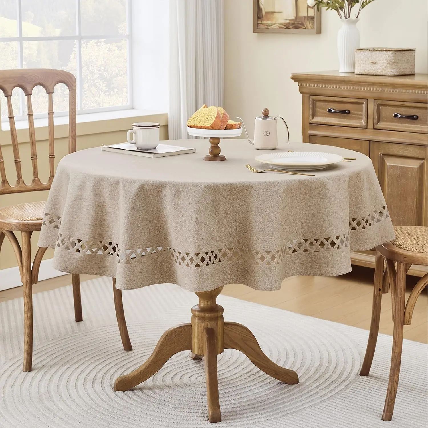 Farmhouse Round Linen Textured Tablecloth Lattice Cutwork Waterproof & Stain Resistant Table Cloth Wrinkle Free Round Table Cover for Dining Room and Outdoor Party, 55 Inch Dia, Coffee