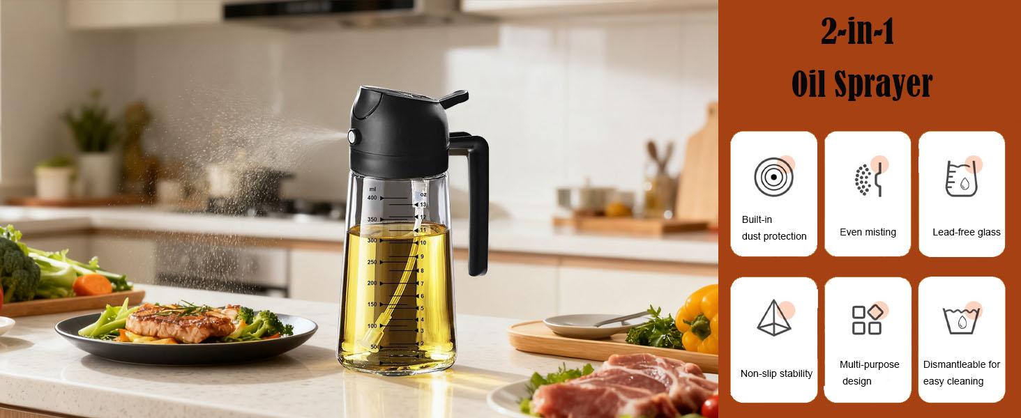 16oz 2-in-1 Glass Olive Oil Sprayer & Dispenser, Food-Grade Oil Mister for Air Fryer, Cooking, Salad & BBQ (Black)
