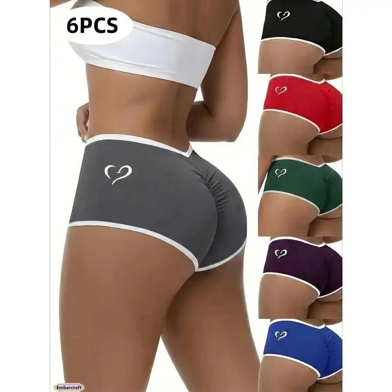 Women's 6-Pcs High-Waisted Scrunch Butt-Lifting Booty Shorts, V-Crossover Design for Yoga, Running, Gym Workouts