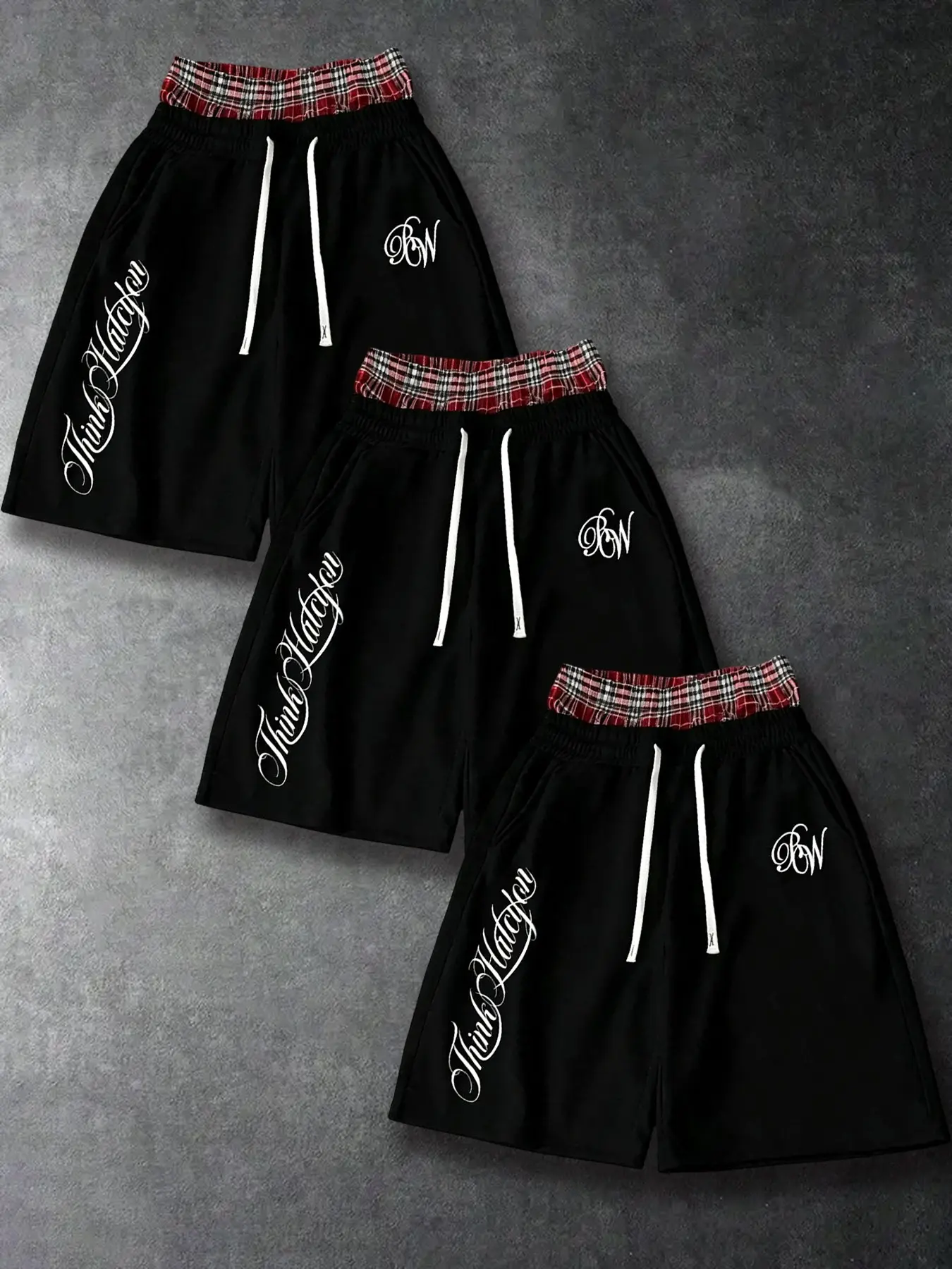 Men's Casual Shorts Set, 3-Pack Plaid Waist Print, Streetwear Hip-Hop Style, Fitted Unlined, Perfect for Daily Wear