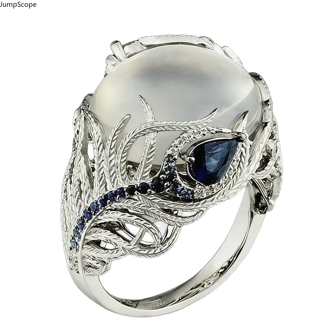 Women's White Gold-Plated Hollow Filigree Statement Ring - Oval Cat Eye Moonstone, Peacock Feather, Teardrop Sapphire, Ocean Jellyfish Floral Band - MDF+Steel Vintage Banquet Gift